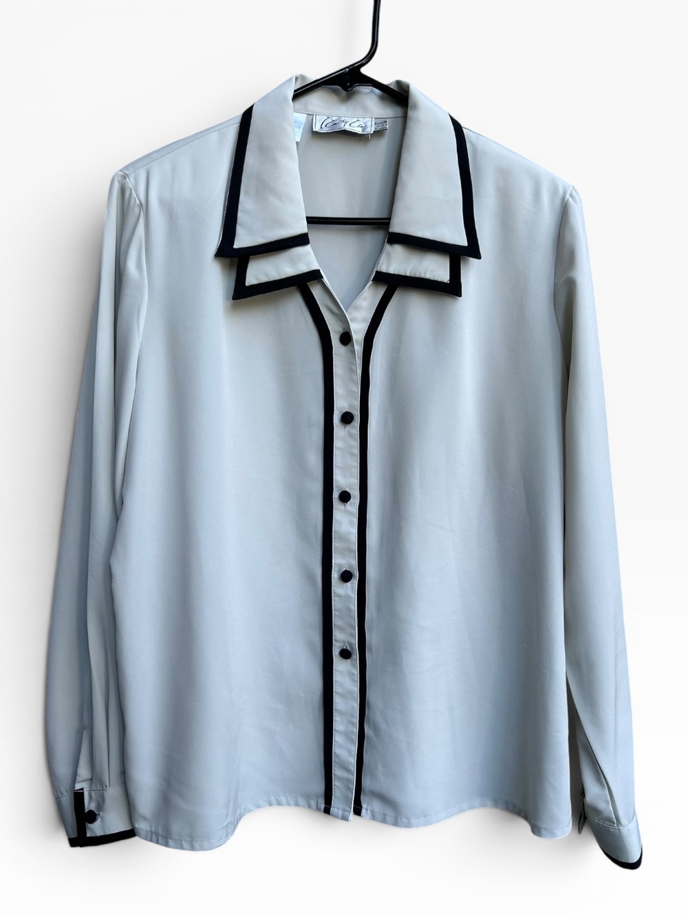Vintage Kathy Che Contrast Trim Blouse Button Up Long Sleeve Office Siren 14